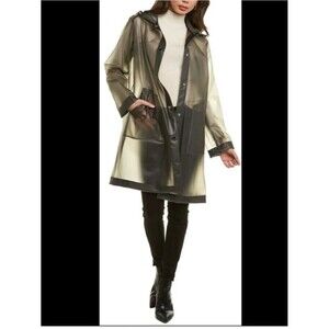New NWT $375 Jane Post M Smoke Gray Translucent Rain Coat Hooded Womens Medium